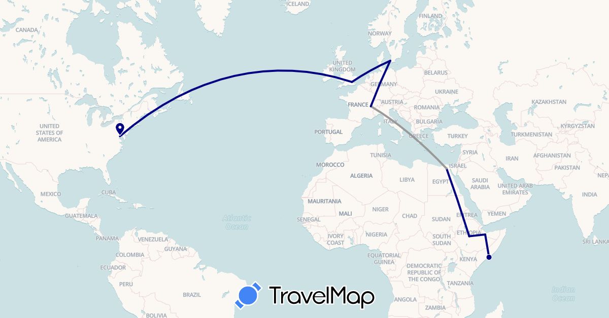 TravelMap itinerary: driving, plane in Switzerland, Denmark, Egypt, United Kingdom, Somalia, United States (Africa, Europe, North America)
